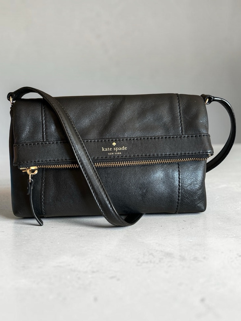 Kate Spade Fremont Place Julian Black Leather Fold Over Crossbody Bag